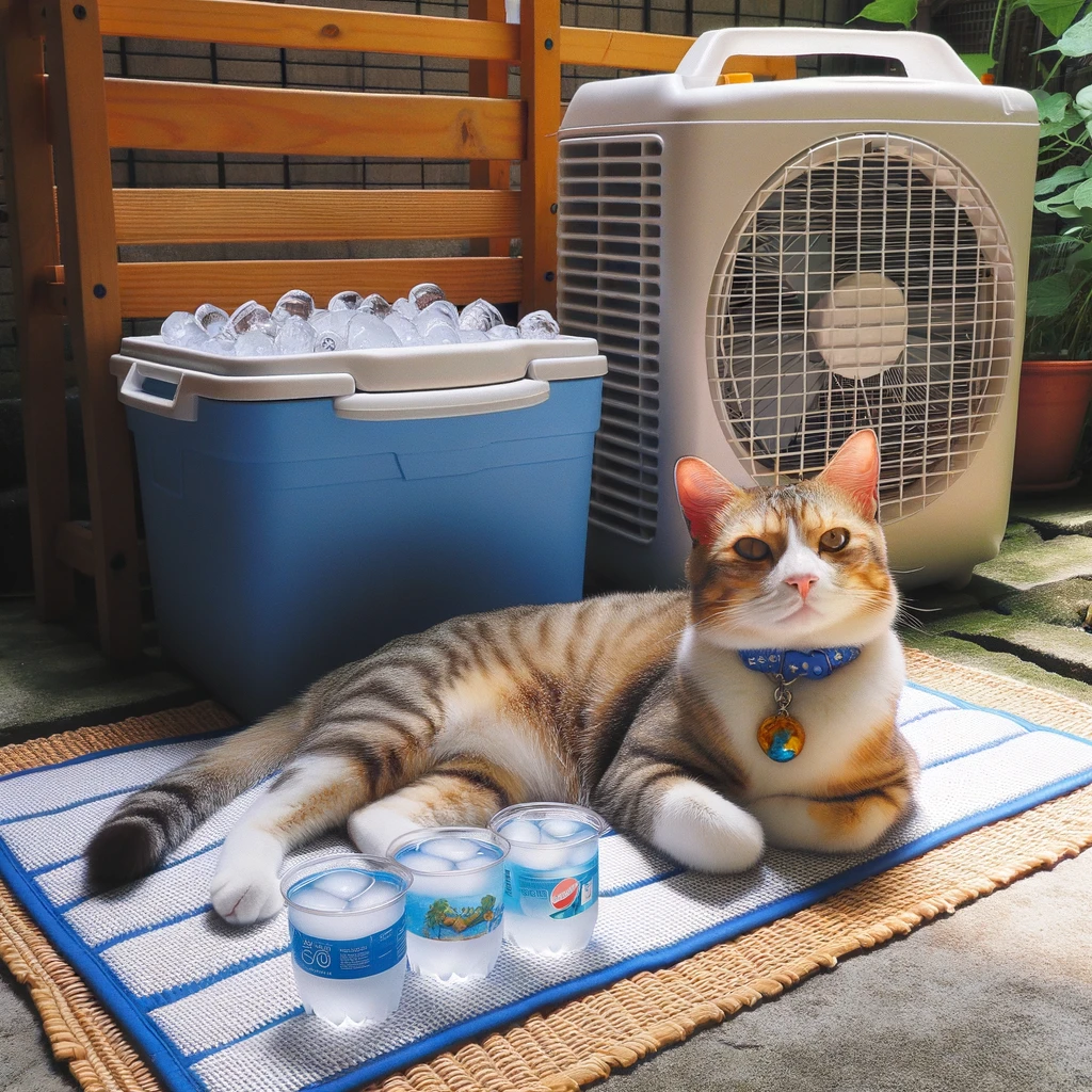 A cat lounging comfortably on a cooling mat in a shaded area on a hot summer day