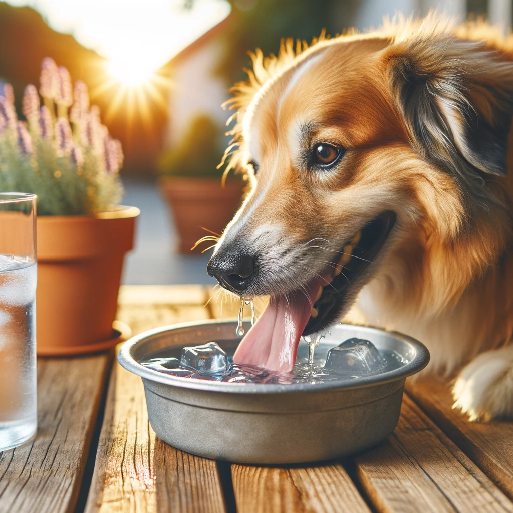A happy dog drinking water from a bowl with ice cubes on a sunny day