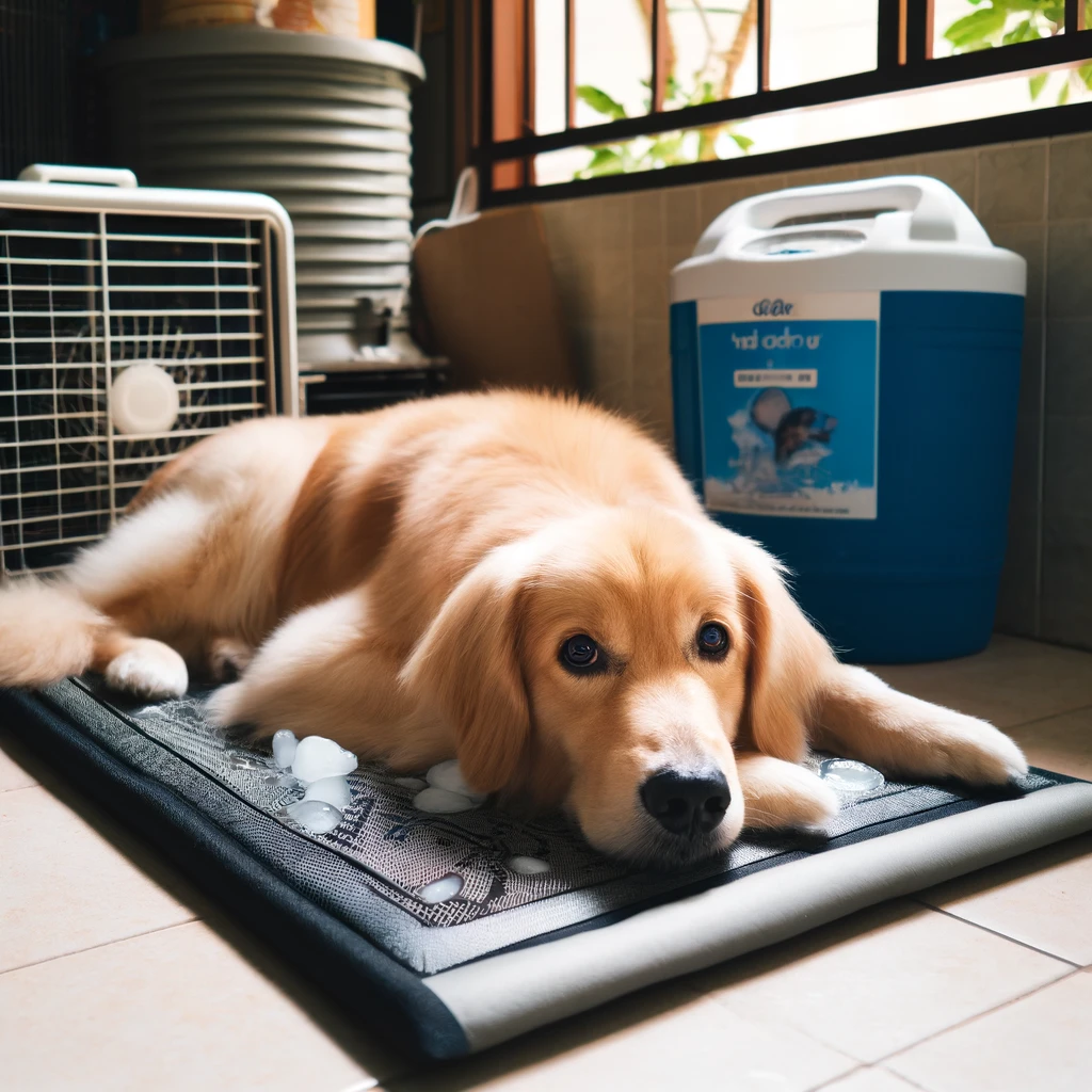 A pet resting on a cooling mat in a shaded area with good ventilation
