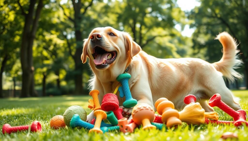 Labrador Retriever playing with chew toys