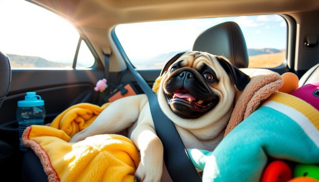 Pug in car