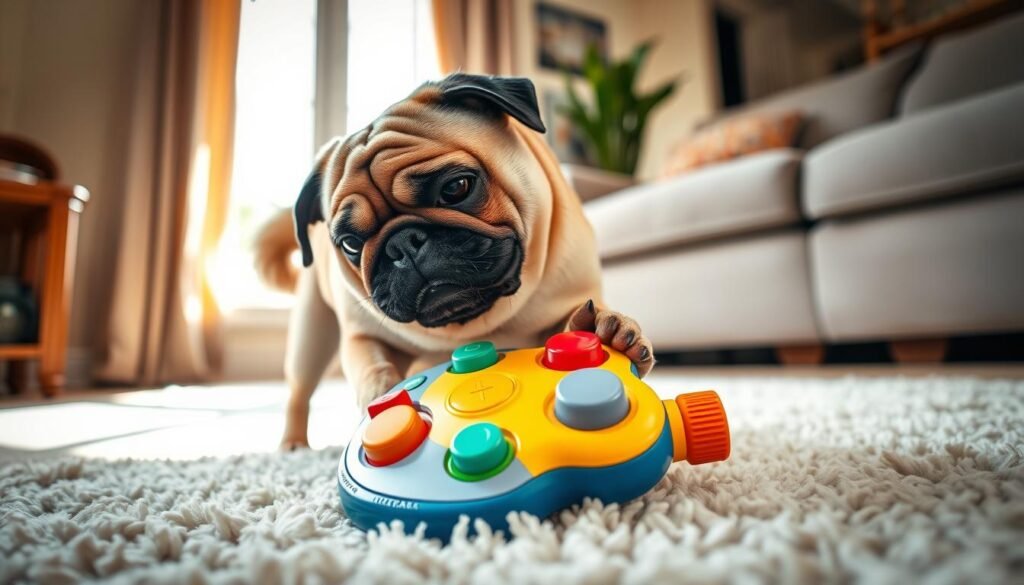 Pug playing with interactive toy