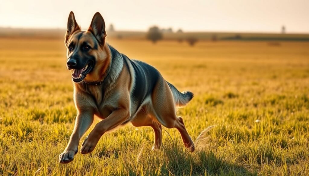 A German Shepherd dog running vigorously through a vast, grassy field, with a focused expression on its face. The sun casts a warm, golden glow over the scene, highlighting the dog's muscular physique and the lush, verdant landscape. In the middle ground, a few scattered trees provide hints of depth and dimensionality, while the background fades into a hazy, atmospheric horizon. The image conveys the boundless energy and exercise needs of this breed, emphasizing their athletic prowess and the importance of providing them with ample space and opportunities to expend their abundant physical and mental vigor.