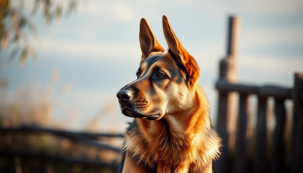A German Shepherd dog standing alert and attentive, its muscular body and finely detailed fur coat illuminated by warm, natural lighting. The dog's gaze is focused, its ears pricked forward, conveying an intelligent and watchful presence. The background is a tranquil outdoor setting, with soft, blurred foliage and a hint of a rustic wooden fence or structure, suggesting a serene, pastoral environment. The overall mood is one of strength, discipline, and vigilance, reflecting the breed's renowned loyalty and protective nature.
