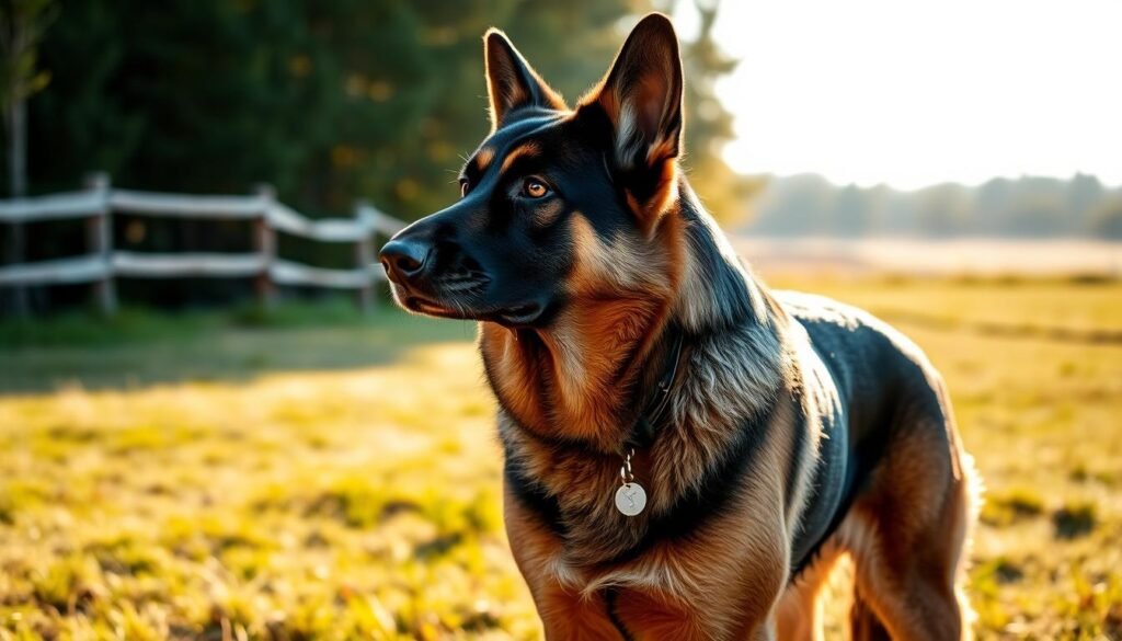 A German Shepherd working dog, its muscles rippling beneath a thick, glossy coat, stands alert and focused in a sunlit field. Its keen gaze scans the horizon, ready to spring into action at the slightest command. In the middle ground, a wooden fence line and a distant tree-lined horizon provide a sense of depth and context. The lighting is warm and natural, casting long shadows that accentuate the dog's powerful form. The overall mood is one of strength, intelligence, and unwavering dedication - the hallmarks of this breed's exceptional working capabilities.