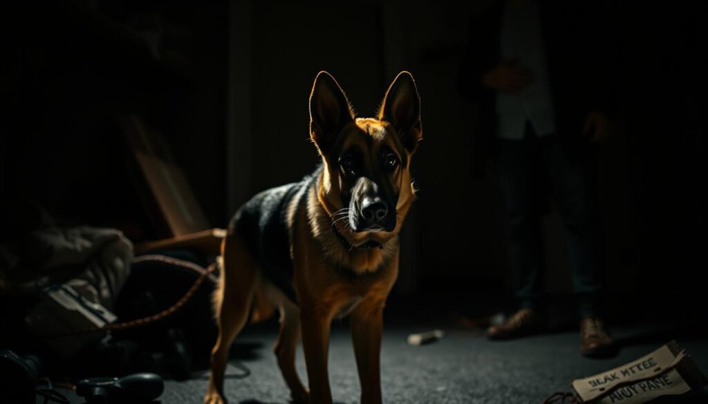 A German shepherd dog stands in a dark, cluttered room, its expression of fear and confusion reflecting a poor training method. Harsh lighting casts deep shadows, creating an ominous atmosphere. The dog's body language is tense, ears pinned back, as it cowers in the corner, surrounded by discarded objects and a looming, domineering human figure, obscured in the background. The scene captures the negative consequences of using outdated, punitive training techniques on this intelligent, sensitive breed, highlighting the need for a more compassionate, reward-based approach.