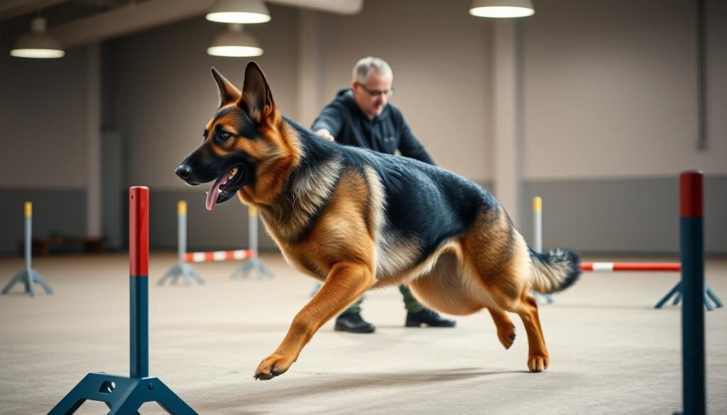 A German shepherd in a well-lit indoor training facility, its powerful muscles rippling as it performs agility exercises under the watchful eye of a skilled handler. The dog's intense focus and unwavering obedience are evident as it navigates obstacles with grace and precision. The background is clean and uncluttered, allowing the training session to take center stage. Soft, warm lighting from overhead lamps casts a subtle glow, highlighting the shepherd's distinctive features and the handler's encouraging gestures. The overall scene conveys the dedication, discipline, and rewarding bond between human and canine required for successful German shepherd training.