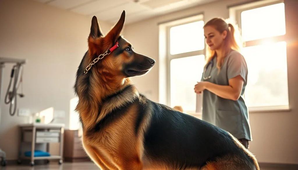 A German shepherd in a well-lit training session, focused intently on its handler. The dog's powerful muscles ripple under its thick, lustrous coat as it performs obedience commands with precision and grace. In the background, a spacious, clean veterinary examination room with calming, neutral tones sets the scene. Natural sunlight streams in through large windows, casting a warm, gentle glow on the pair. The handler's calm, encouraging demeanor instills confidence in the dog, showcasing the trust-building techniques essential for positive vet visits.