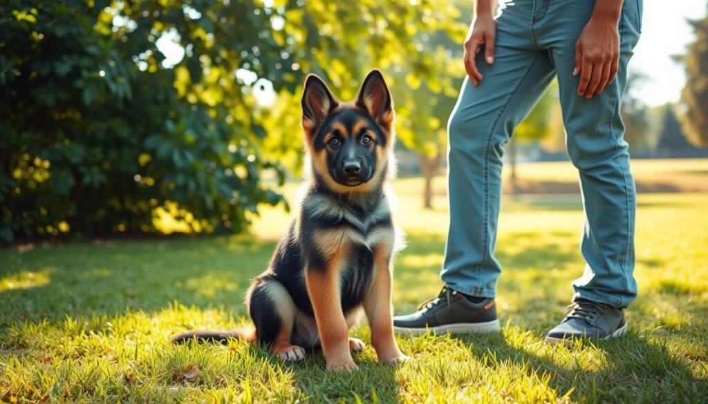 A German shepherd puppy undergoing obedience training in a vibrant outdoor setting. The puppy, with its alert and attentive expression, sits obediently as its owner, wearing casual attire, guides it through a series of commands. The mid-morning sunlight filters through the lush, verdant foliage surrounding them, casting a warm, natural glow. The background features a tranquil park-like environment, with a well-tended lawn and a few distant trees providing a sense of depth and context. The scene conveys the dedicated effort and patience required in shaping the long-term behavioral development of a German shepherd, capturing the essence of the specified section title.