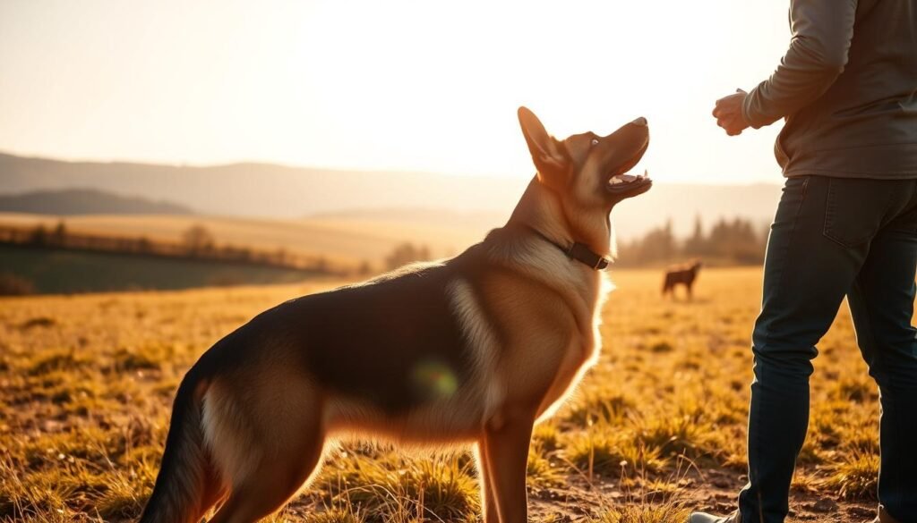 A German shepherd stands in a sunlit field, its eyes focused and alert, as its owner guides it through a series of obedience commands. The dog's powerful, muscular frame and taut, attentive posture convey a sense of discipline and control. In the background, a picturesque countryside landscape unfolds, with rolling hills and a distant treeline bathed in warm, golden light. The scene captures the essence of effective leadership training, where the bond between a shepherd and their canine companion is forged through patient, positive reinforcement, resulting in a well-trained, confident, and responsive animal.
