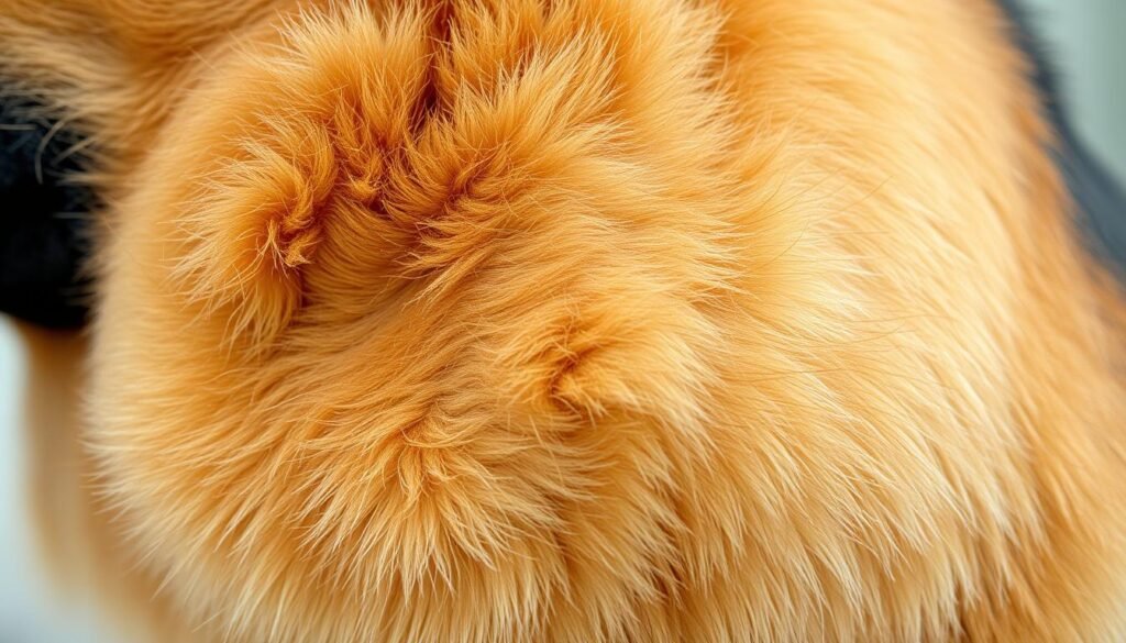 A close-up shot of a German Shepherd's skin, capturing the detailed texture, tone, and health condition. The skin appears smooth, supple, and vibrant, reflecting a well-nourished and hydrated state. The image is shot using a macro lens, allowing for an intimate, high-resolution view of the fur and underlying skin. The lighting is soft and diffused, creating a gentle, calming atmosphere that highlights the dog's natural beauty. The background is subtly blurred, placing the focus entirely on the skin's health and the overall well-being of the German Shepherd.