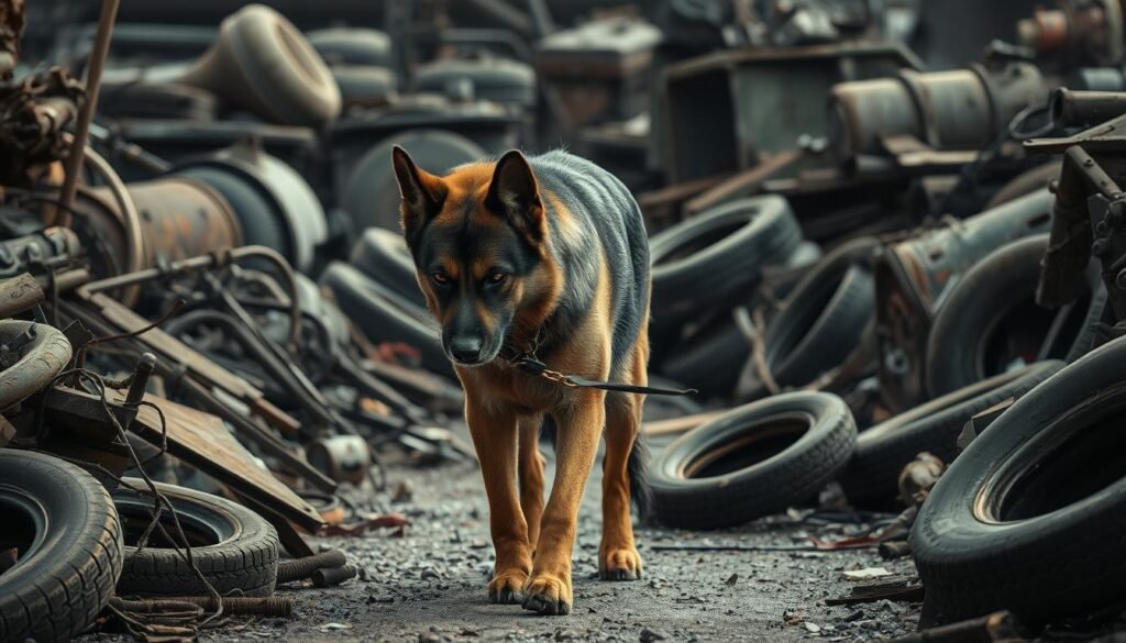 A dejected German shepherd, head hung low, trudging through a cluttered junkyard. Rusted machinery, scrap metal, and discarded tires litter the gloomy, industrial landscape. Harsh, flat lighting casts deep shadows, emphasizing the dog's forlorn expression. The shepherd's once-vibrant coat appears dull and matted, reflecting the hopelessness of its surroundings. Conveying a sense of confinement and despair, this image captures the struggles of a working dog ill-suited for such an uninspiring, claustrophobic environment.