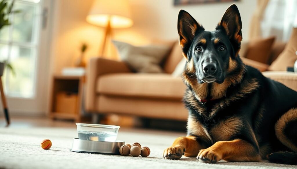 A friendly German Shepherd sits attentively in a cozy home setting, bathed in warm, soft lighting that highlights its glossy coat and gentle eyes. The dog appears relaxed yet alert, ready to greet a potential new family member. In the middle ground, a bowl of fresh water and a few toys suggest a welcoming, nurturing environment. The background fades into a blurred, inviting living room, hinting at the comfort and security this adoptive home offers. The overall scene conveys a sense of domestic tranquility and the mutual affection between a German Shepherd and its loving caretakers.