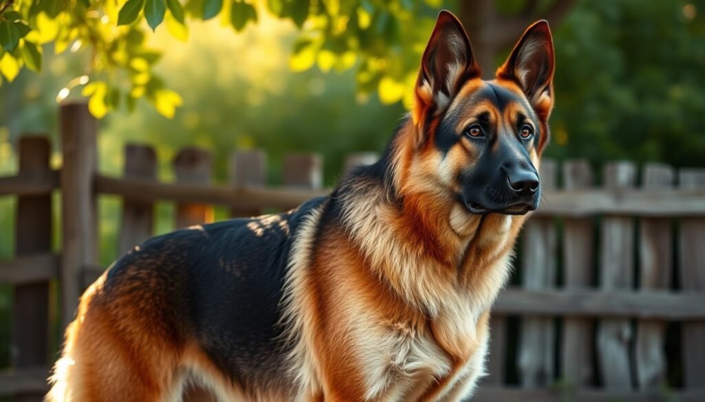 A loyal German Shepherd stands tall, its alert gaze scanning the surroundings. The dog's muscular frame radiates a sense of protection, ready to defend its family with unwavering devotion. Warm sunlight filters through the leaves, casting a soft glow on the shepherd's rich, sable coat. In the background, a rustic wooden fence and lush greenery create a tranquil, pastoral scene, emphasizing the shepherd's role as a guardian. The image evokes a feeling of security and trust, capturing the essence of the breed's renowned loyalty and protective nature.