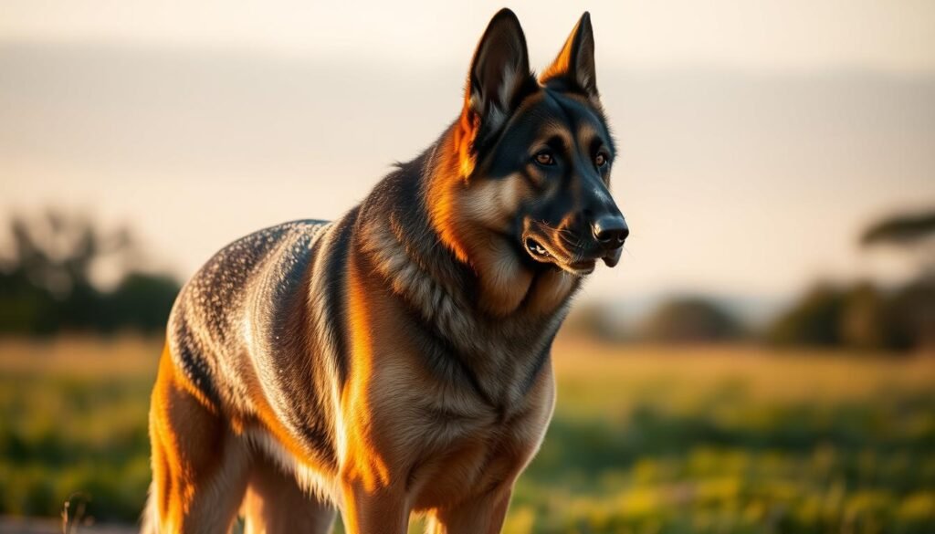 A majestic German shepherd dog standing proud with a muscular build, alert ears, and a sleek, glossy coat. The dog's gaze is intense and focused, conveying intelligence and loyalty. The scene is captured in a warm, golden-hour lighting, casting a soft glow and gentle shadows that accentuate the dog's features. The dog is positioned in the foreground, with a slightly blurred natural environment - lush greenery and a clear sky - in the background, creating a sense of calm and tranquility. The overall mood is one of strength, elegance, and the deep connection between human and canine.