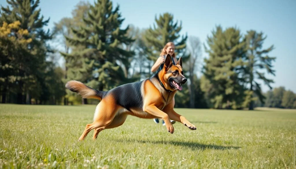 A muscular German Shepherd dog in a spacious, well-lit park, joyfully bounding through a lush green meadow. The dog's powerful legs propel it forward, its sleek coat glistening in the warm sunlight. In the middle ground, a person in athletic wear smiles and encourages the dog, their bond evident. In the background, towering trees and a clear blue sky create a serene, calming atmosphere. The scene captures the active, energetic nature of the German Shepherd breed and the importance of providing ample exercise and outdoor activities for these intelligent, high-energy companions.