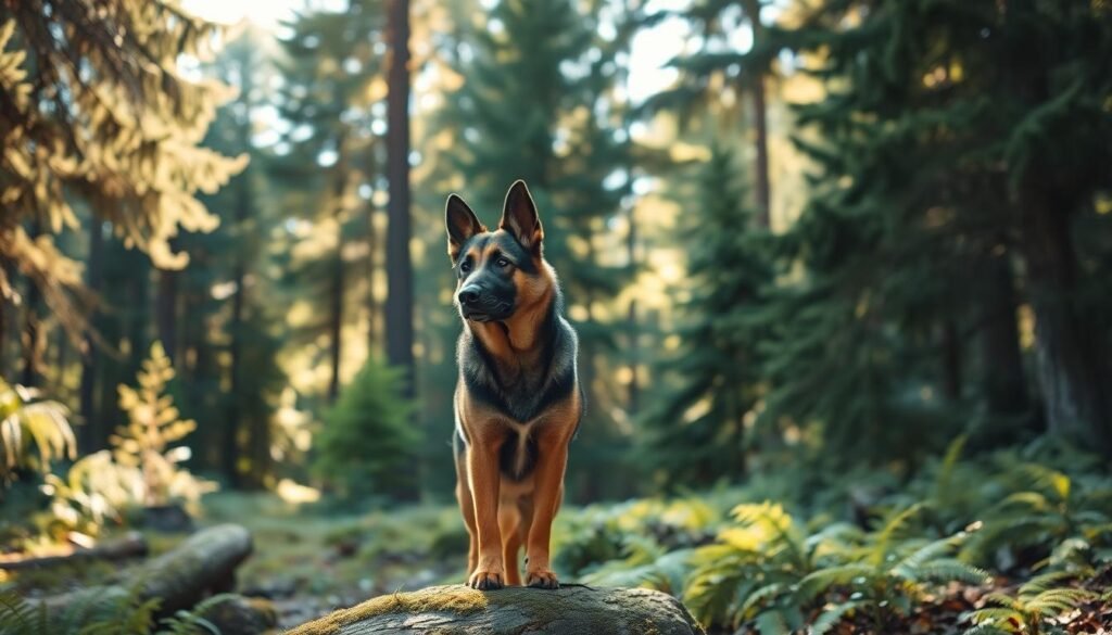 A picturesque German shepherd's natural habitat in a lush, sun-dappled forest clearing. In the foreground, the alert canine stands on a mossy log, ears perked, gazing intently into the middle distance. Towering evergreens line the background, their verdant branches casting gentle shadows across the scene. Soft, golden light filters through the canopy, illuminating the peaceful, serene atmosphere. The ground is carpeted with ferns and fallen leaves, conveying a sense of tranquility and harmony between the dog and its serene, woodland surroundings.