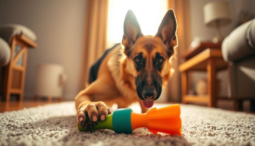 A playful German Shepherd, its alert eyes focused intently on a brightly colored chew toy in the foreground. Soft, diffused lighting illuminates the dog's glossy, tawny coat as it leans forward, front paws outstretched, ready to pounce. The middle ground blurs into a cozy, domestic setting - a plush, neutral-toned rug, a wooden end table. In the hazy background, a sunlit window casts a warm, golden glow, completing the serene, inviting atmosphere. Captured with a shallow depth of field, the image emphasizes the endearing interaction between the intelligent canine and its engaging plaything.