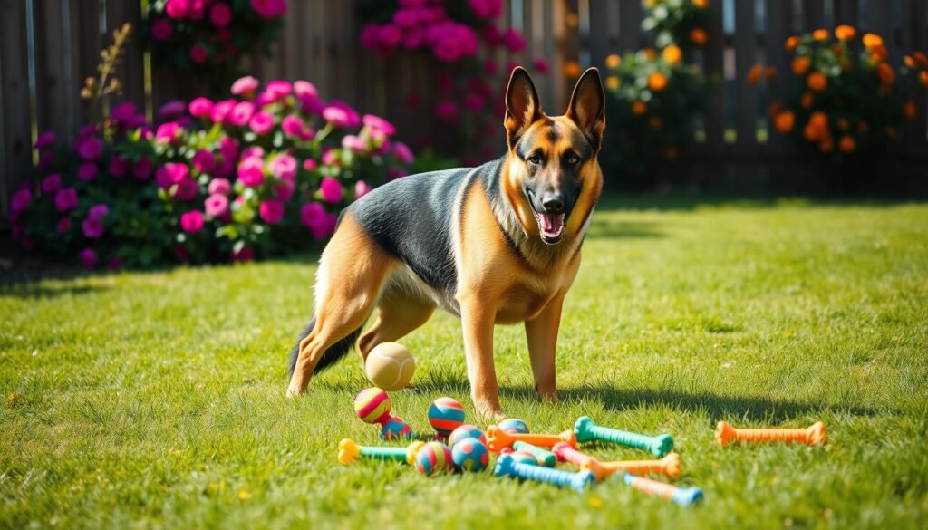 A playful German Shepherd stands in a sunlit backyard, its ears perked up as it eagerly watches a tennis ball roll across the lush green grass. The dog's muscular frame is in perfect balance, ready to spring into action at any moment. In the middle ground, a colorful array of chew toys and rubber playthings are scattered, inviting the canine to explore and engage its natural instincts. The background features a wooden fence, partially obscured by vibrant flowering bushes, creating a sense of warmth and comfort. The scene is illuminated by soft, diffused natural lighting, casting gentle shadows and highlighting the Shepherd's striking coat. The overall mood is one of joyful energy and a deep connection between the dog and its environment.