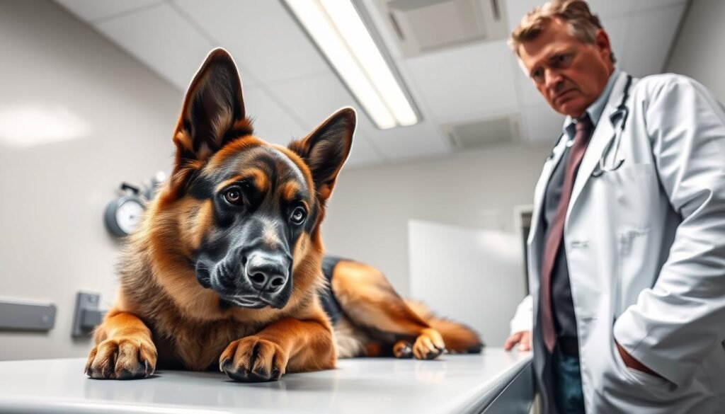 A stoic German shepherd fidgets nervously on the examination table, its brow furrowed with apprehension. The harsh fluorescent lights of the sterile veterinary clinic cast unsettling shadows, amplifying the dog's discomfort. The veterinarian, clad in a pristine white coat, leans in with a stern expression, their instruments glinting ominously. The German shepherd's owner stands aside, a worried frown etched on their face, powerless to soothe their beloved companion's distress. A sense of unease permeates the scene, capturing the "worst experience at the vet" for this loyal breed.
