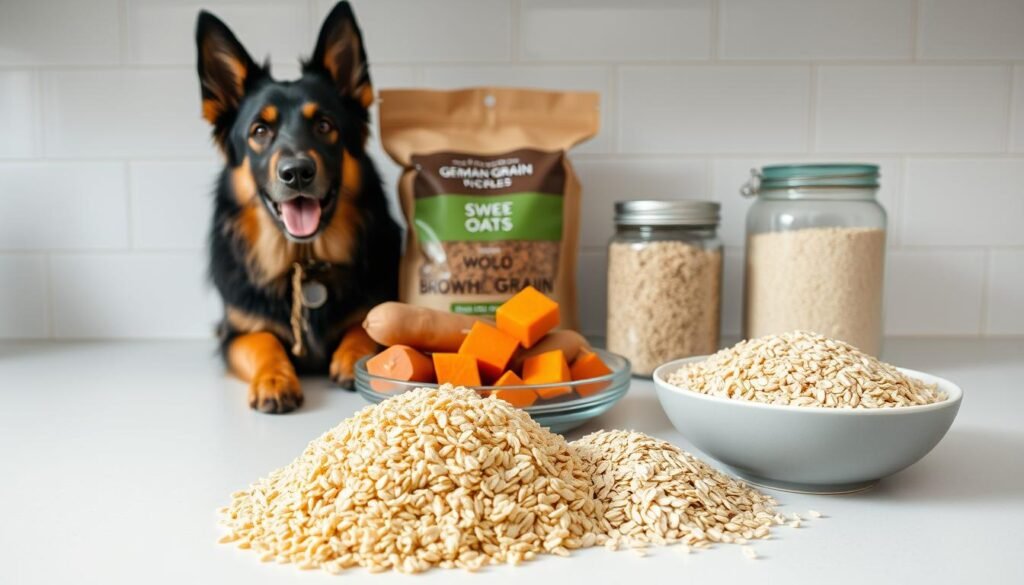 A well-lit kitchen counter showcases an assortment of healthy carbohydrate-rich dog foods. In the foreground, a bowl of brown rice, a plate of cooked sweet potatoes, and a handful of oats are neatly arranged. In the middle ground, a bag of whole grain kibble and a jar of quinoa stand upright, complementing the scene. The background features a clean, minimalist tiled wall, providing a crisp, neutral backdrop to highlight the vibrant, natural colors of the dog-friendly ingredients. The overall composition conveys a sense of balance, nutrition, and care for the dietary needs of a German Shepherd, creating an informative and visually appealing image.