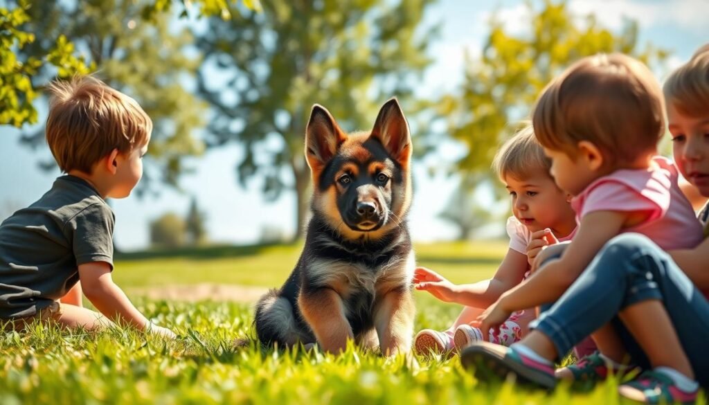 A young German shepherd puppy socializing with a group of children in a sunlit park. The puppy is sitting calmly, surrounded by the kids who are gently petting and interacting with it. The background features lush greenery, a clear blue sky, and a few scattered trees. Soft, warm lighting illuminates the scene, creating a peaceful, inviting atmosphere. The composition is well-balanced, with the puppy and children as the focal point. The image conveys the importance of early socialization for a German shepherd, helping to develop its confidence and well-adjusted temperament.