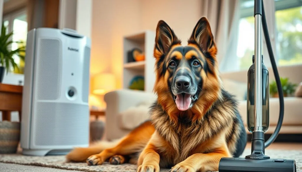 Create an image of a German Shepherd in a home environment with allergy-friendly features such as an air purifier and a vacuum cleaner.