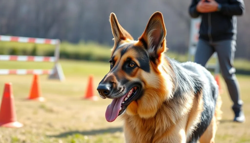 Generate an image of a German Shepherd in a training environment.