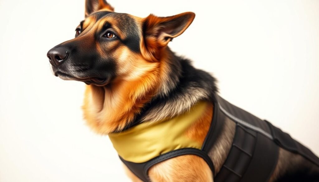 Generate an image of a German Shepherd wearing a Thundershirt, with a calm expression.