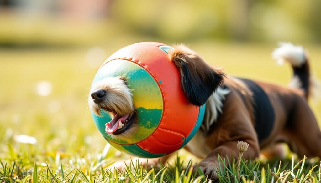 Generate an image of a bouncy dog ball in a vibrant color, suitable for outdoor play.