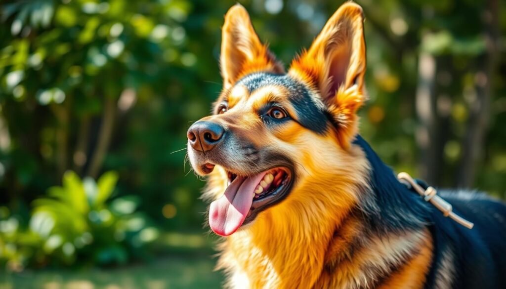 Generate an image of a happy German Shepherd enjoying a nutritious meal.