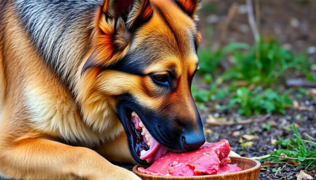 Image of a German Shepherd eating a raw meal