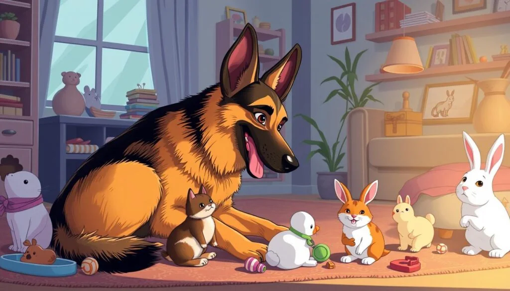 Image of a German Shepherd interacting with other pets in a household.