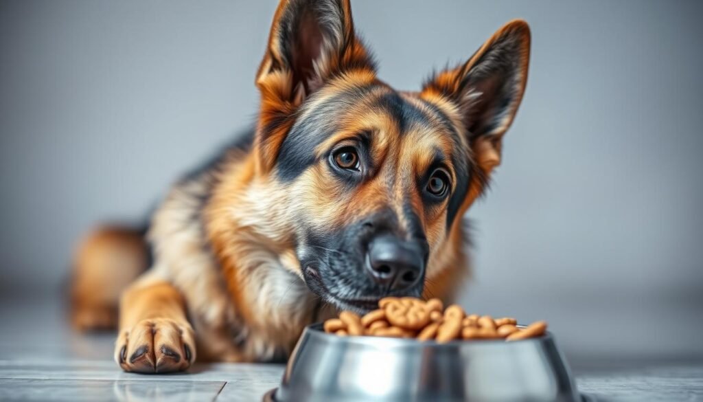Image of a German Shepherd looking away from a dog food bowl