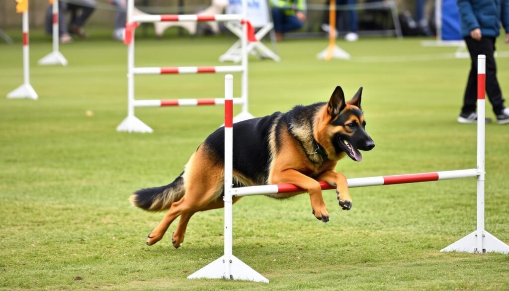 Image of a German Shepherd participating in an agility competition