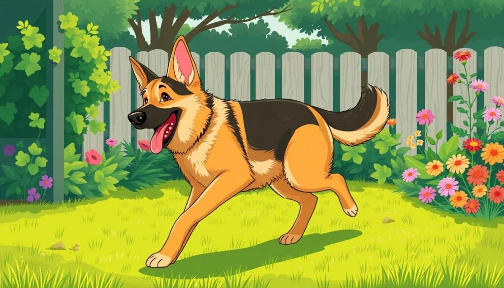 Image of a German Shepherd playing in a securely fenced yard
